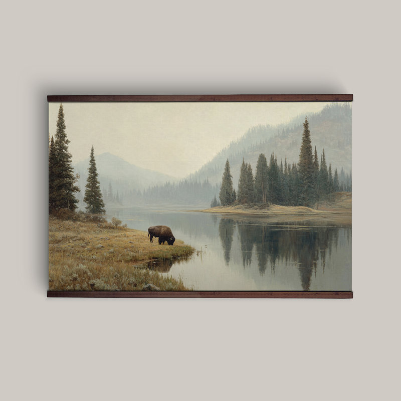«Mountain Lake with Bison», art rustique sauvage, H 32 po x l 48 po
