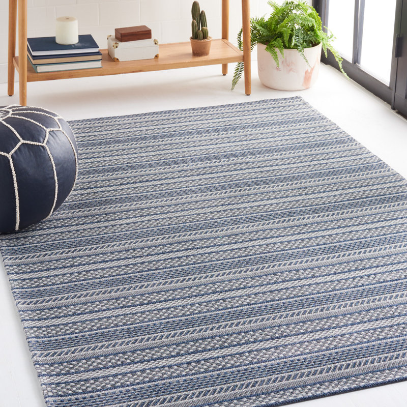 Navy and Light Grey Striped Wool Cotton 5' x 7' Rug