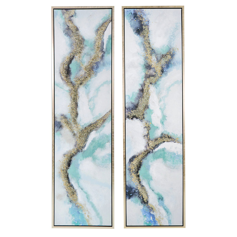 Elongated Blue and Gold Abstract Canvas Wall Art Set
