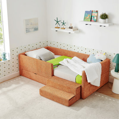 Lit au sol avec garde-corps et tiroir de rangement, cadre de lit pour la chambre à coucher