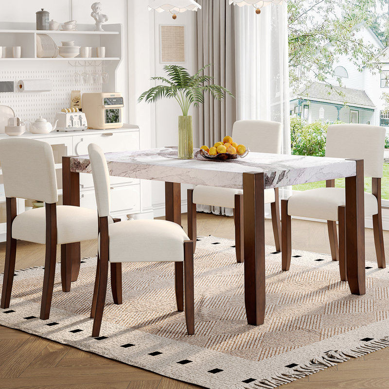 Ensemble de table de salle à manger 5 pièces pour 4 personnes, table de style faux marbre de 46 po et 4 chaises rembourrées avec pieds en bois d'hévéa massif, siège rembourré, dossier incurvé, ensemble de coin-repas compact pour la salle à manger, blanc