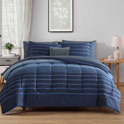 Monbix Queen Comforter Set - 7 Pieces Bed in a Bag Queen, Navy Blue-Stripe Bedding Sets, All Seasons Comforter Bed Set with Sheets, Pillowcases & Shams