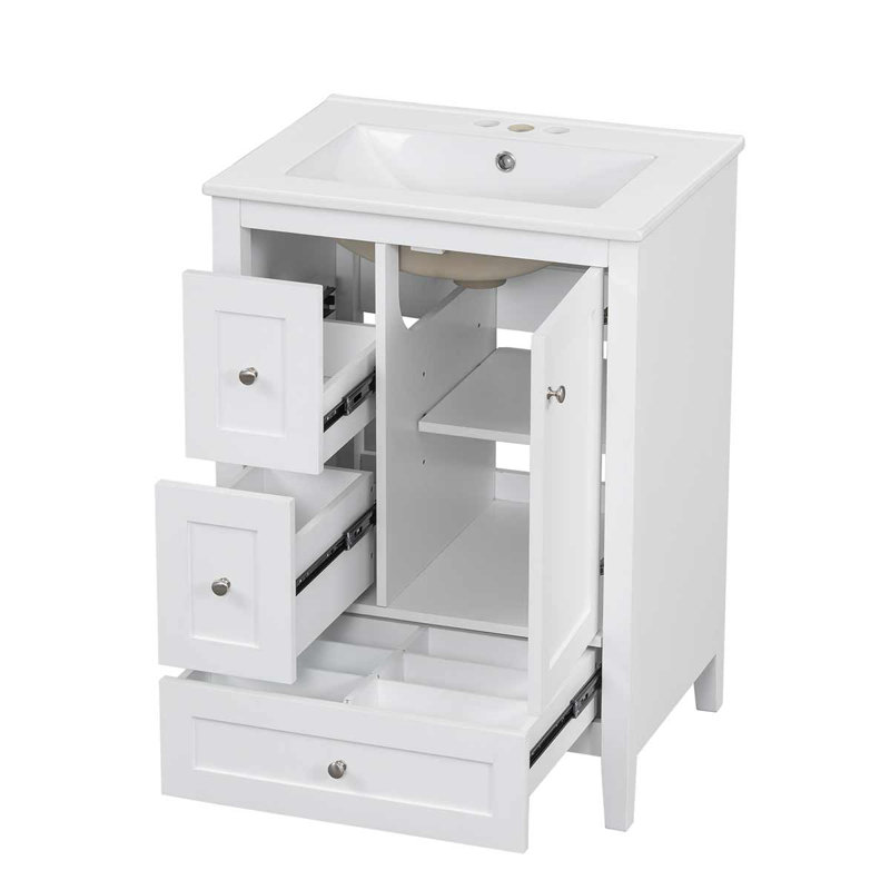 Meuble-lavabo de 24 po avec lavabo en céramique, armoire de rangement avec séparateurs amovibles, Blanc