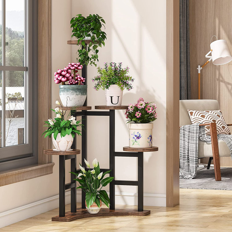 Support pour plante en bois massif Gracie-Lou, Brun rustique / noir
