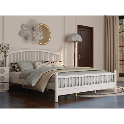 Structure de très grand lit avec tête de lit arquée, lit double plateforme en bois, aucun sommier requis, assemblage facile, silencieux, blanc