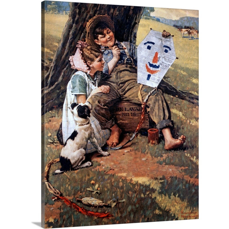 "Norman Rockwell Farm Boy and Girl Sitting On Crate", art mural sur toile, H 16 po x l 12 po x P 1,25 po, Toile tendue