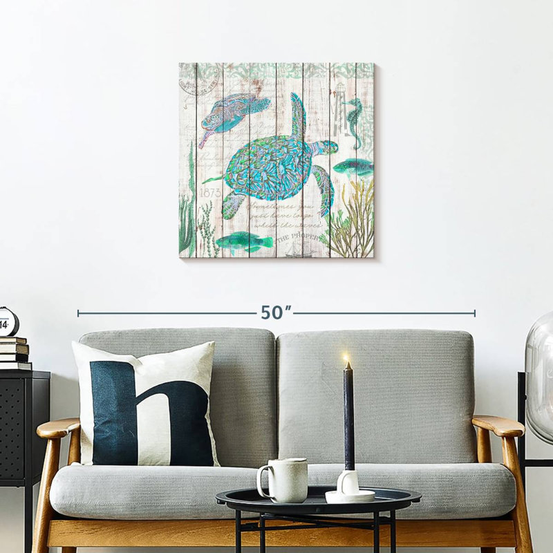 Brampt Sea Turtles On Driftwood Panel, 24" H x 24" W