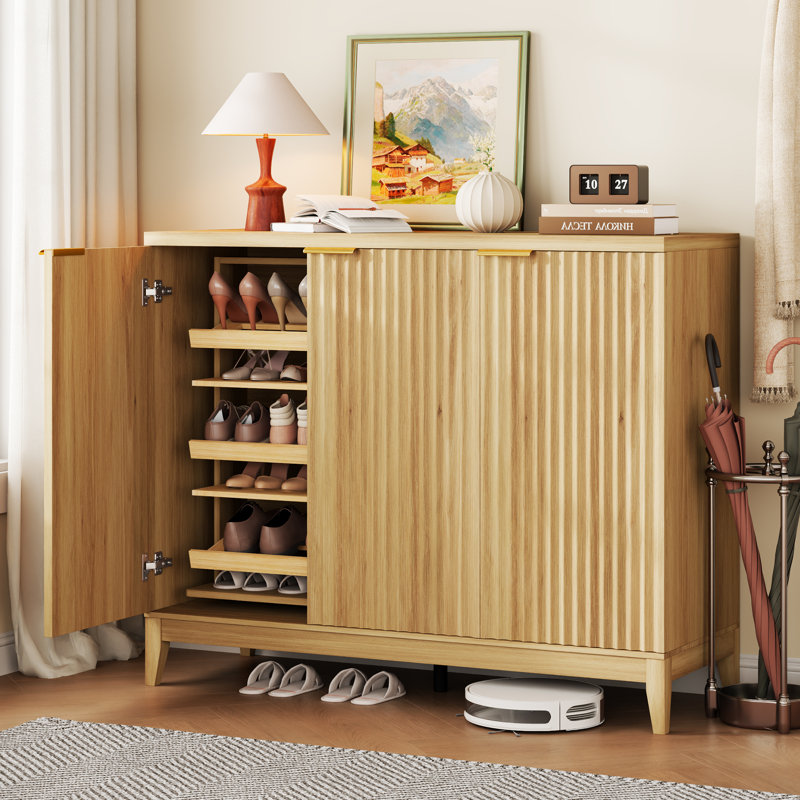 5-Tier Shoe Cabinet with Rotating Shoe Rack and Adjustable Shelves, Freestanding Shoe Storage Cabinet, Oak