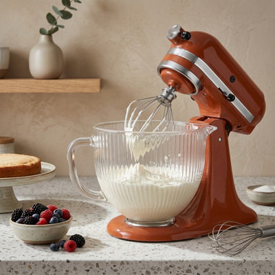 5 Qt Glass Mixing Bowl with Lid Compatible with KitchenAid® 4.5-5 Qt Tilt-Head Stand Mixers, Cup and Liter Measurement Markings, Handle and Pour Spout