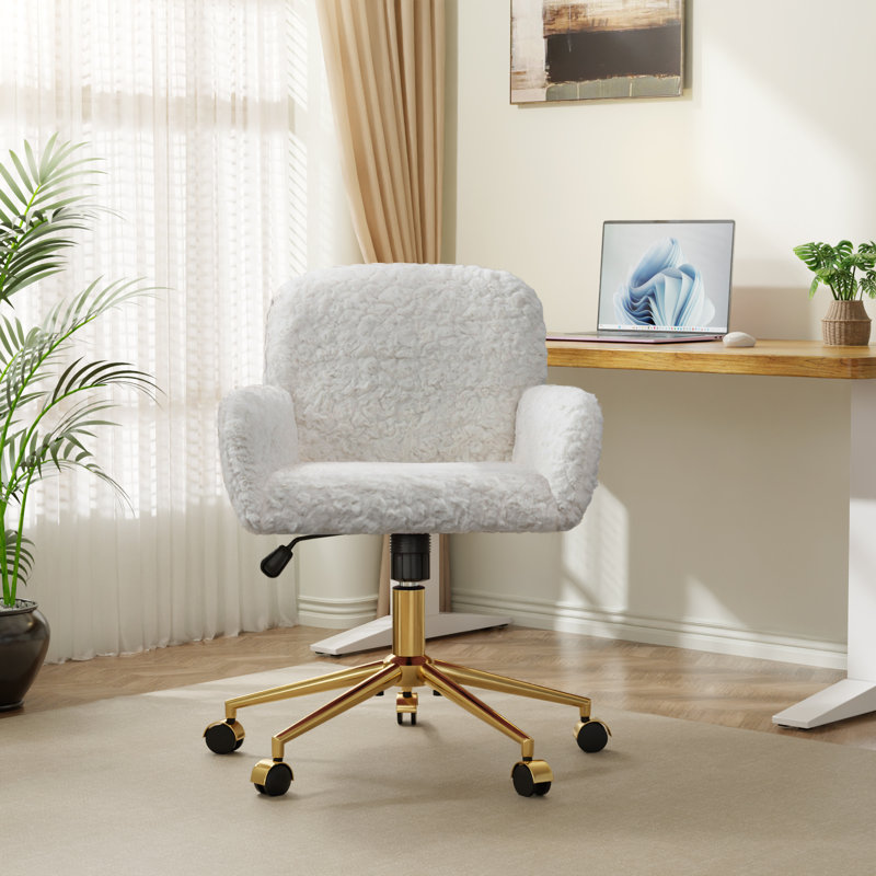 Swivel Adjustable Office Chair With Golden Metal Base, White