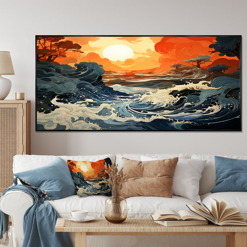 Coucher de soleil blanc et jaune - art mural coucher de soleil côtier, H 24 po x l 32 po x P 1 po, Cadre flottant noir