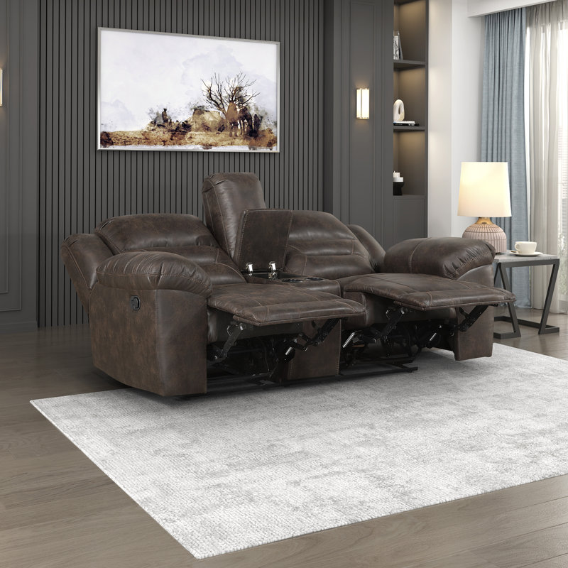Hamisi 81" Transitional Polished Microfiber Manual Double Reclining Loveseat with Center Storage Console & Integrated Cup Holders