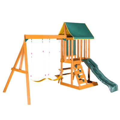 Wooden Outdoor Swing Set 3 in 1 with Slide 2 Swings and Climber for Kids Backyard Garden Playground Green
