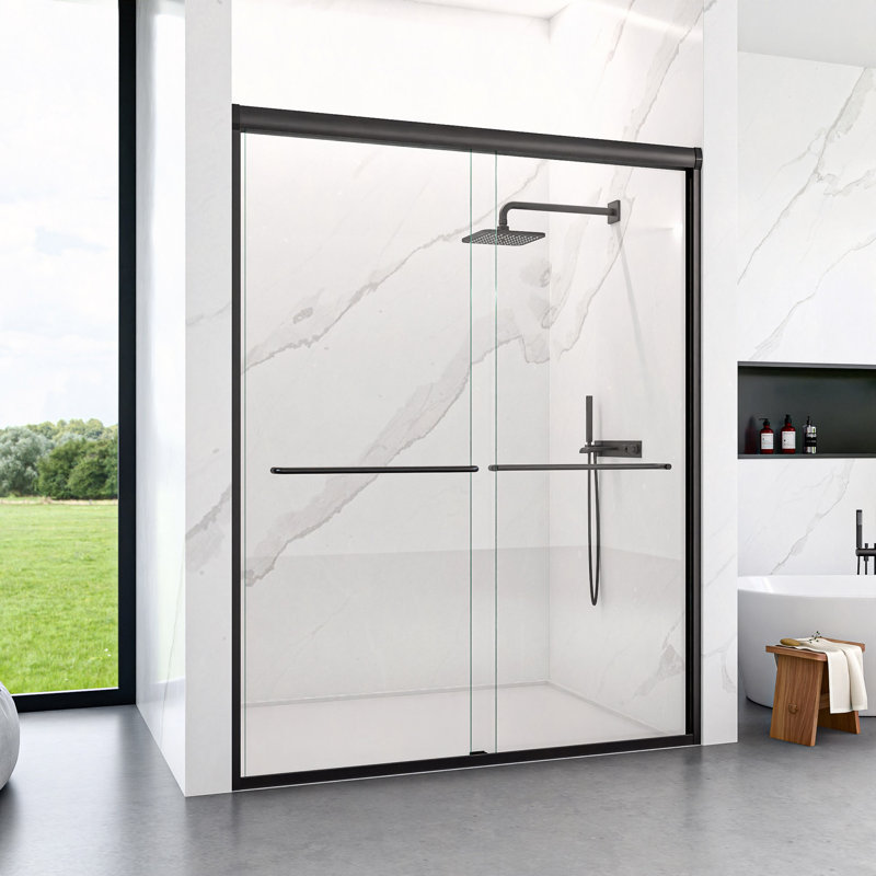 56"-60"W*72" H Semi-Frameless Double Sliding Shower Door, Shower Door, 1/4" (6Mm) Thick SGCC Tempered Glass Door, Matte Black