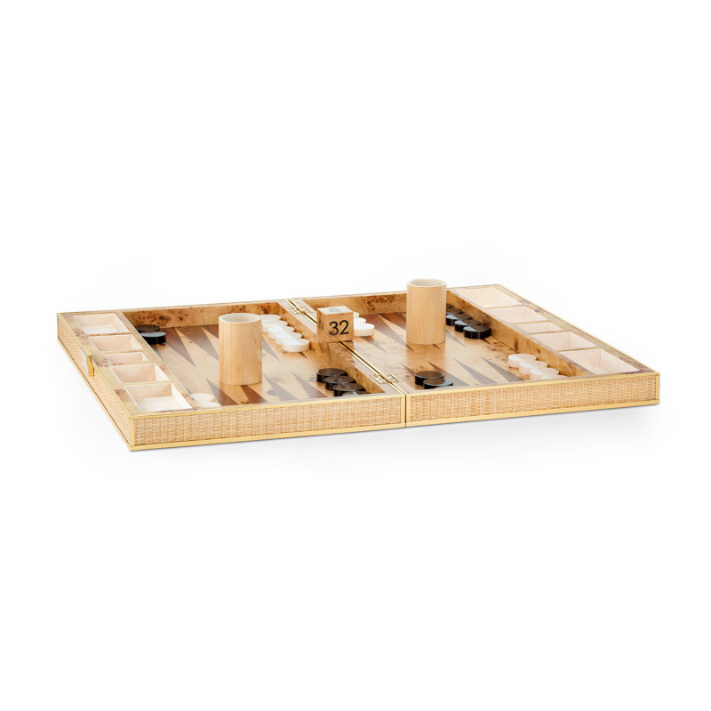 Handcrafted Beige Cane and Brass Backgammon Set
