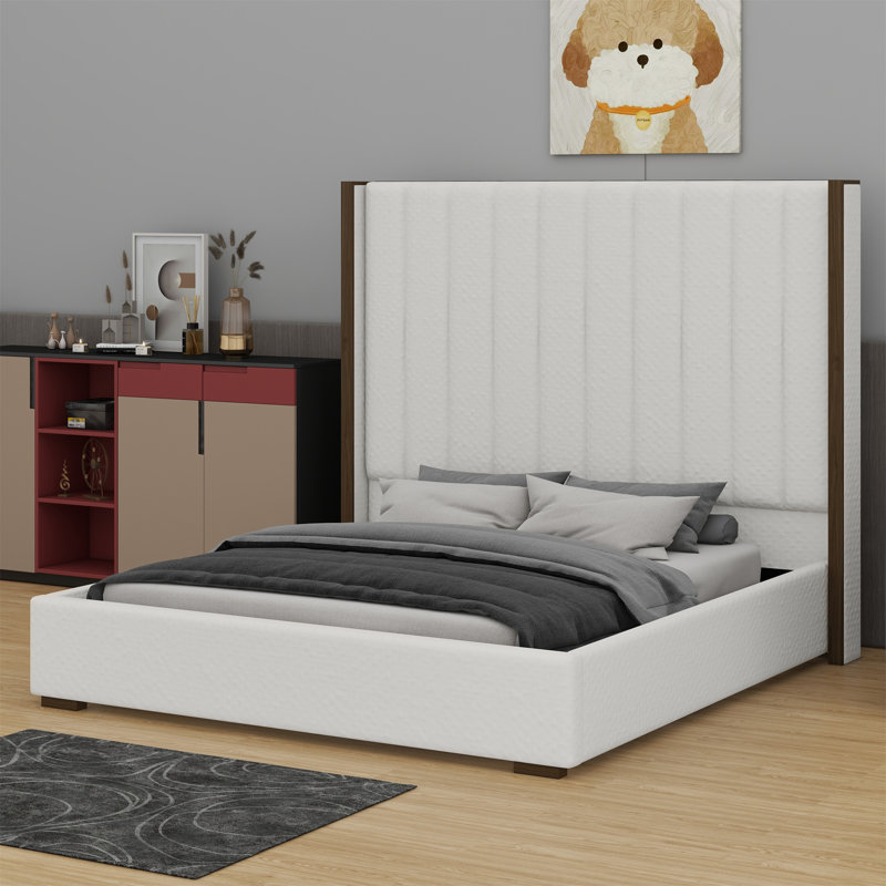 Tall Headboard Upholstered Bed With Vertical Striped And Wingback Design