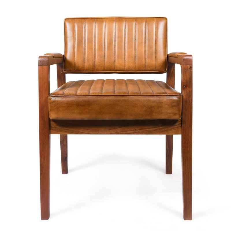 52cm H Genuine Leather Upholstered Metal Cantilever Chair in Tan