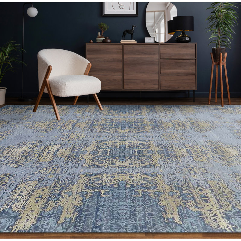 Hand Knotted Damask Area Rug, Rectangle 9' x 12'