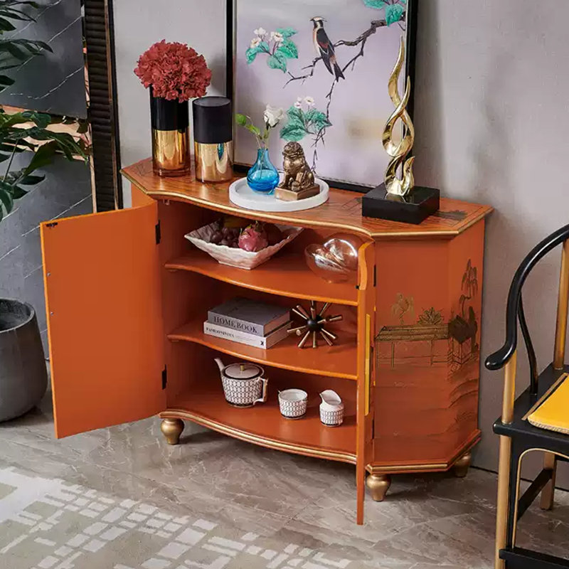 Orange Hand-Painted Accent and Buffet Cabinet