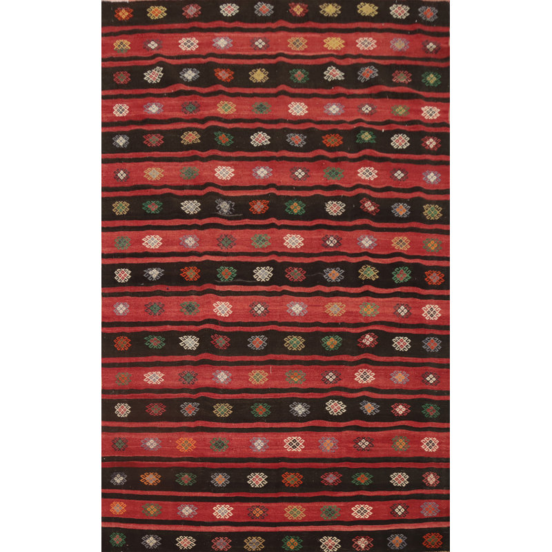 Vibrant Striped Kilim Area Rug 7x11 with Intricate Geometric Designs