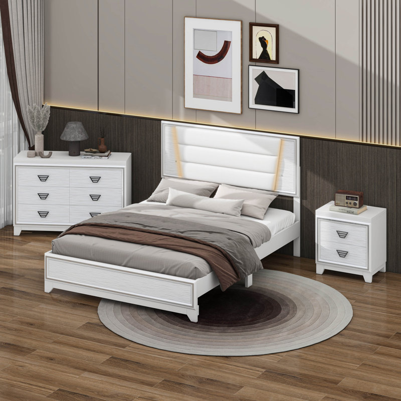 Ensemble de chambre à coucher 3 pièces avec grand lit tapissier et lumières DEL, Blanc