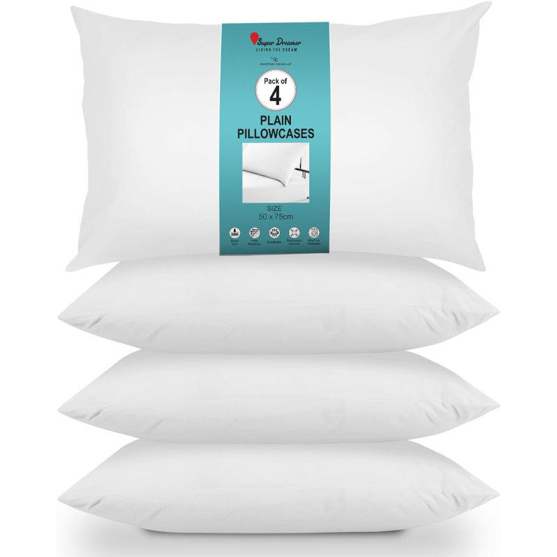 Super Dreamer Solid Colour Pillowcases 4 Pair 50x75 cm - Polyester Machine Washable High Yarn Quality Bedding, White