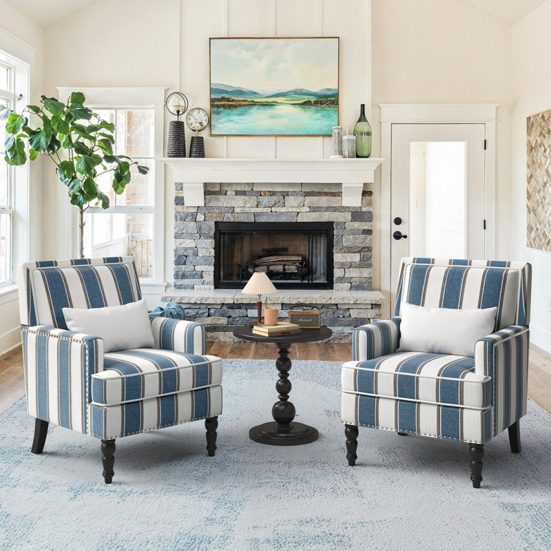 Classic Upholstered Armchair with Nailhead Trim and Solid Wood , Blue/White