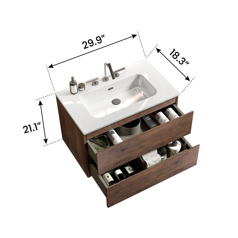 Meuble-lavabo mural en noyer de 30 po avec lavabo en céramique avec trois trous de robinet, grand meuble-lavabo flottant de rangement pour salle de bain moderne, lavabo une pièce sans drain, pré-assemblé