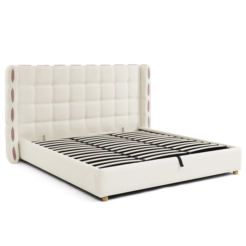 Très grand lit tapissier à oreilles gaufré très grand en chenille amovible, lit plateforme avec vérin à gaz de luxe et grand rangement sous le lit