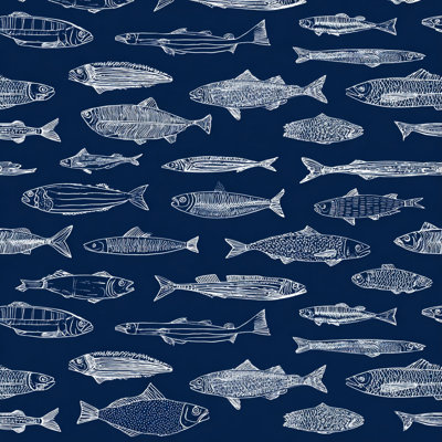 Navy Blue Coastal Fish Pattern Wrapped Canvas Wall Art Print