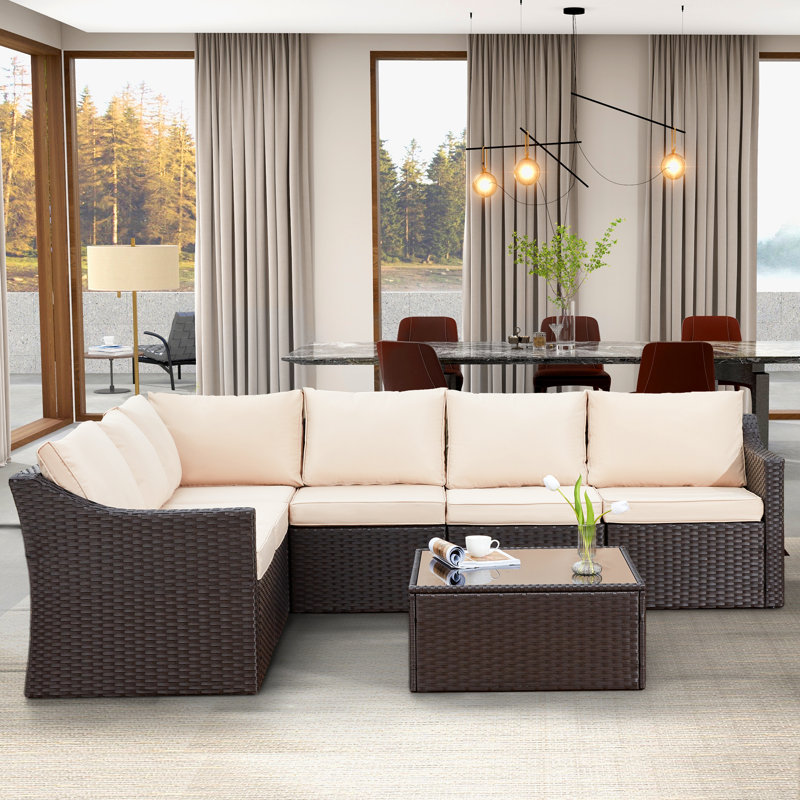 Ensemble de conversation modulaire en rotin 7 pièces avec coussins 7 pièces, Kaki