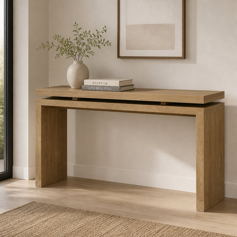 60" Farmhouse Console Table with Two-Tier Open Shelves and Solid Wood Frame, Antique Brown, Antique Brown