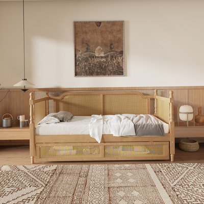 Traditional Style Rattan Twin Size Daybed with 2 Drawers for Limited Space, Guest Room