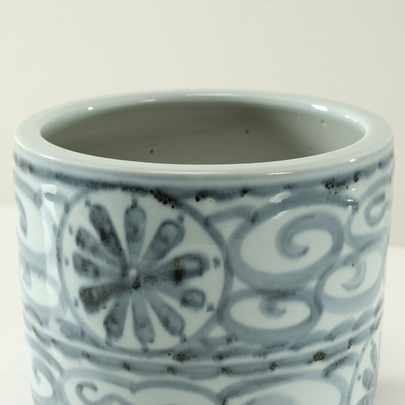 Approx. 8 Inches Tall Subtle Blue and White Pot with Floral Motif