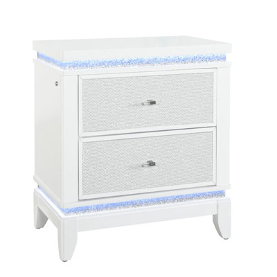 Élégante table de chevet blanche avec tiroir scintillant - 2 grands tiroirs de rangement, éclairage à DEL, matériau moderne en bois dans un carré spacieux, fabrication en mélange