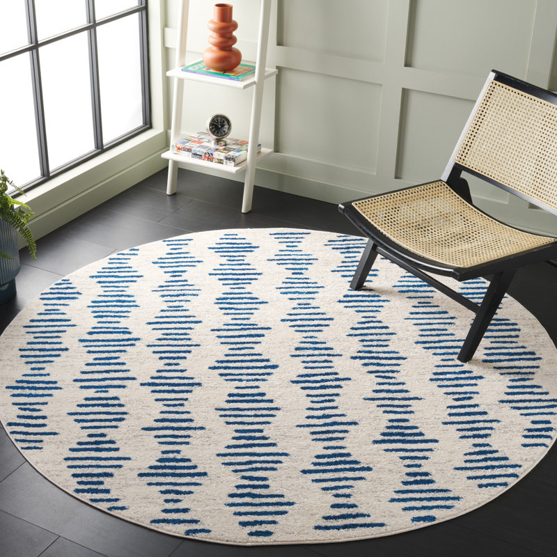 Tapis abstrait en polypropylène tissé à la machine en ivoire / bleu marine Jurrian, Rond 6 pi 7 po