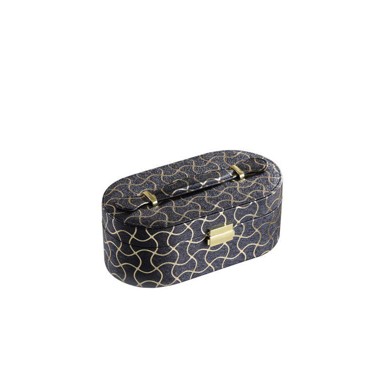 9.5" Long Leather Jewellery Organizer Case with Mirror, Gold Swirl Pattern, Black