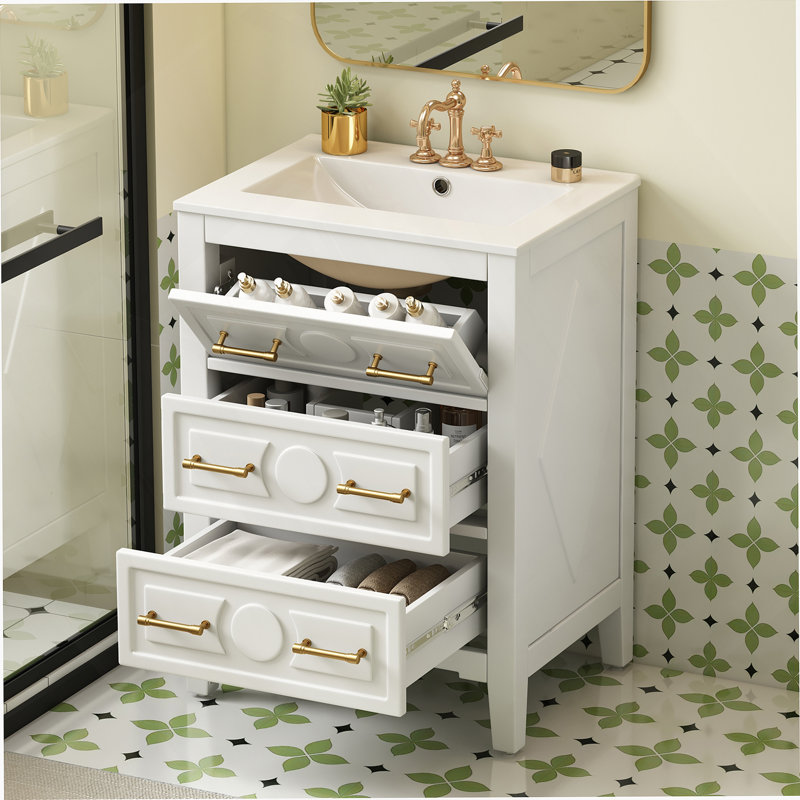 Ensemble de meuble-lavabo simple 24 po avec lavabo en céramique, ensemble de meuble-lavabo autoportant avec 3 tiroirs, cadre en bois massif, blanc
