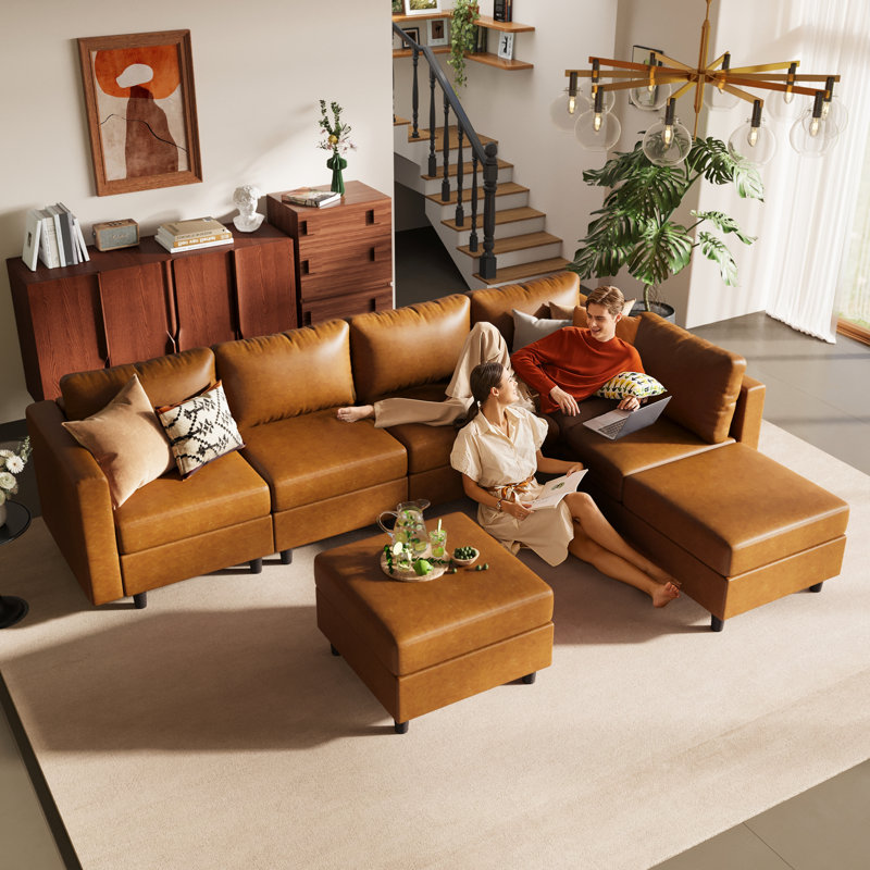 7-Piece 118.5'' Reversible Modern L-Shape Sectional Sofa With Storage Seat- Faux Leather-Brown, Brown Faux Leather