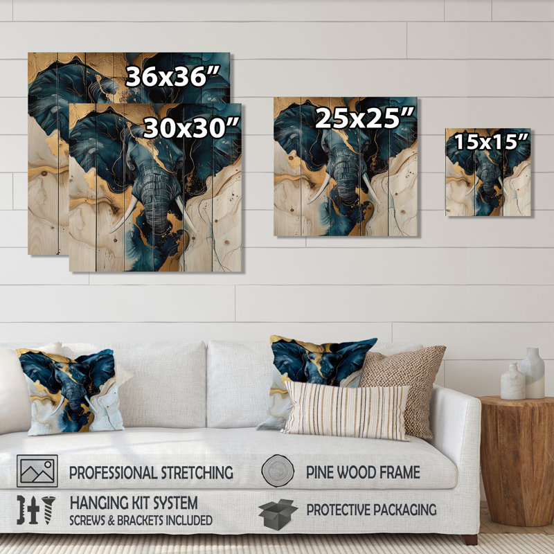 Glam Elephant Marble Giant I - art mural moderne en bois sur bois de pin naturel, H 36 po x l 36 po