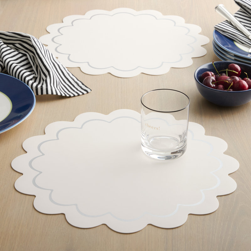 White and Silver Scallop Edge Round Faux Leather Placemats Set of 6