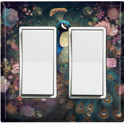 Blue Elegant Peacock Pink Flowers Nature Themed 2 - Gang Rocker Standard Wall Plate