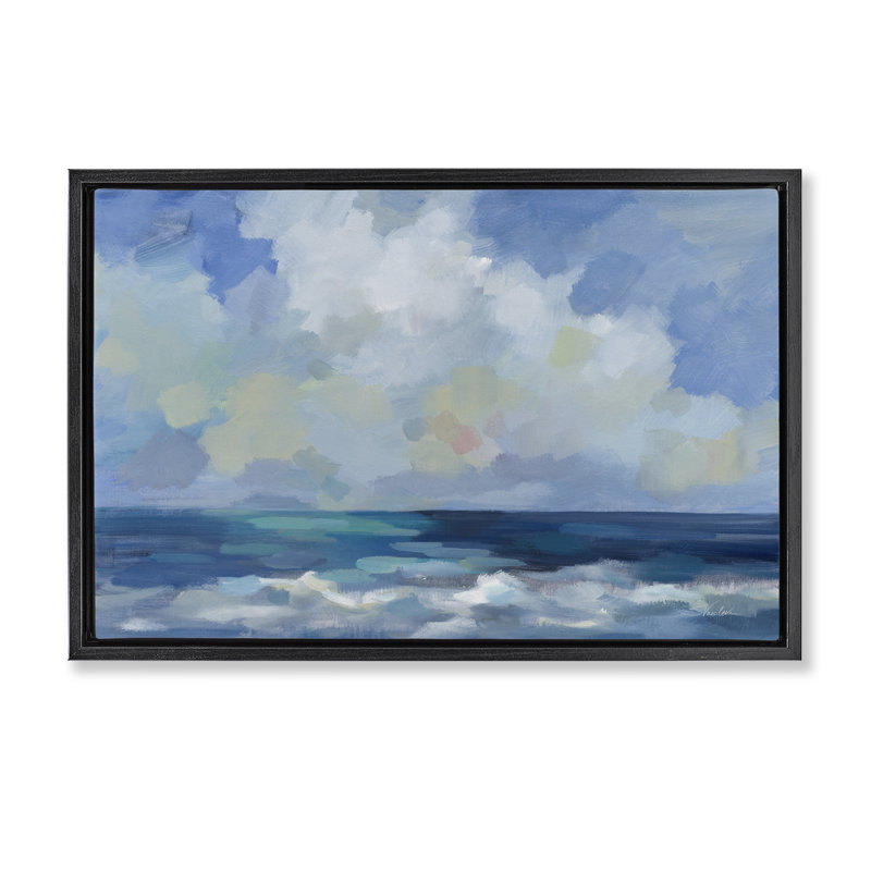 «Nautical Waves & Clouds», toile flottante encadrée dorée par Silvia Vassileva, Cadre flottant noir de jais