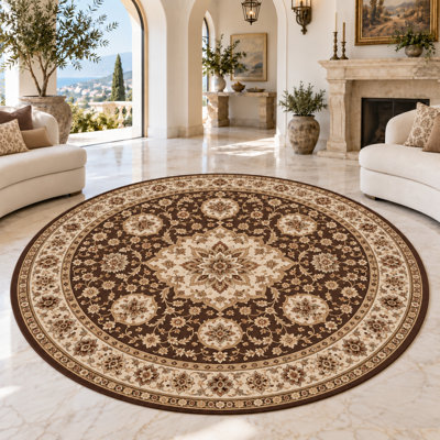 Tapis rond « Ultra Fin » 183 x 183 cm à motif floral persan constellation, idéal pour le salon, la chambre à coucher et le bureau à domicile. Tapis d'intérieur doux à poils courts avec envers antidérapant en silicone.