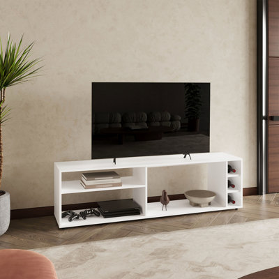 Durable 60 Inch TV Stand With Six Spacious Shelves For Media And Decorative Storage, For Modern Living Rooms.