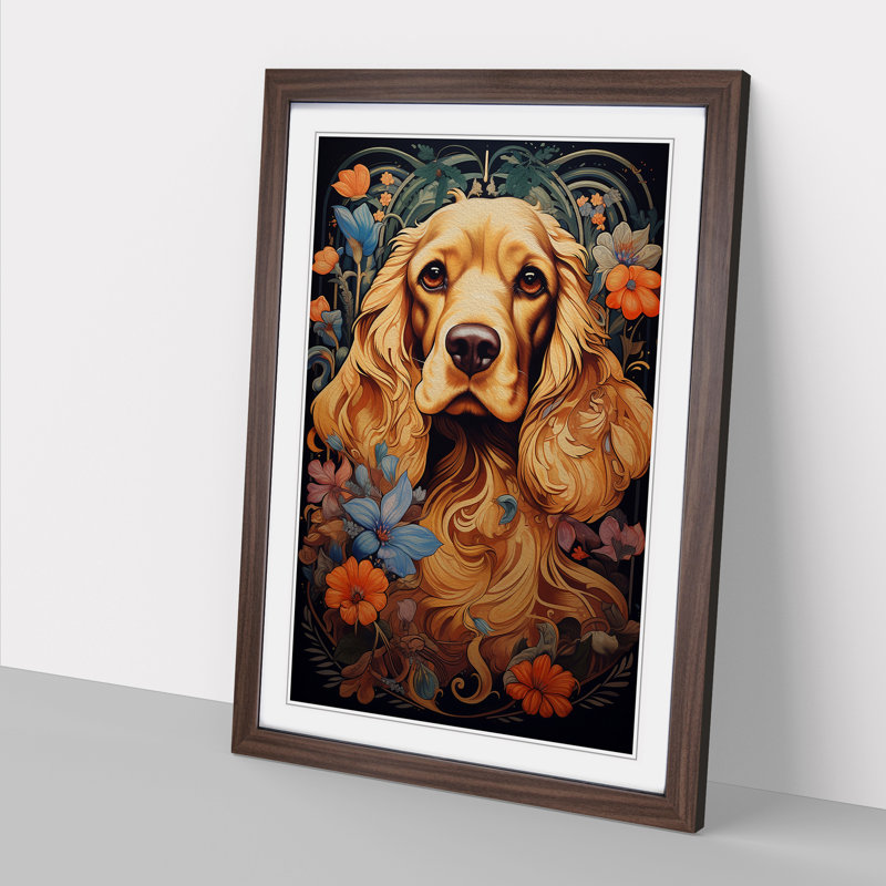 Cocker Spaniel Nouveau - Single Picture Frame Print on Wood, 46cm H x 34cm W x 2cm D, Walnut 