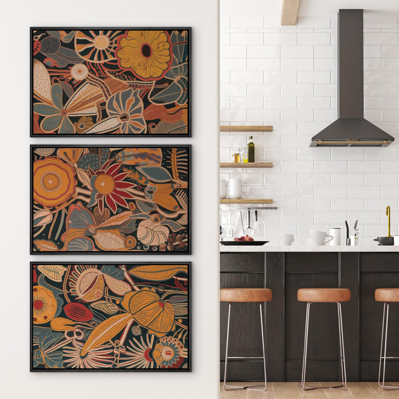 "Fleurs abstraites rustiques" 3 pièces, Cadre noir, H 16 po x l 24 po