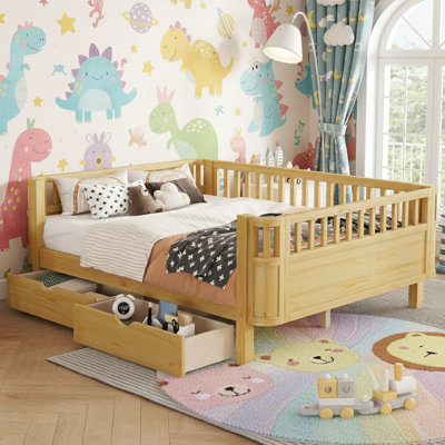 Full Size Wood Platform Bed For Kids, Wood Low Profile Full Bed With Rails For Girls And Boys, Natural