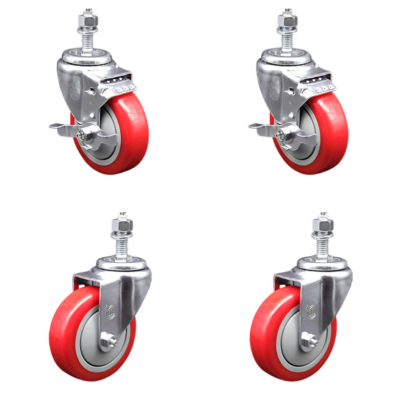 Ensemble de roulettes à tige filetée en polyuréthane pivotant de 4 po et ½ pouce à 2 freins SCC