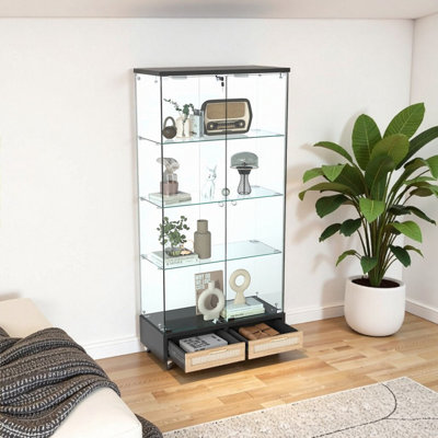 Vitrine en verre avec lumières DEL, 2 tiroirs et roulettes, télécommande 13 couleurs, bibliothèque en verre trempé